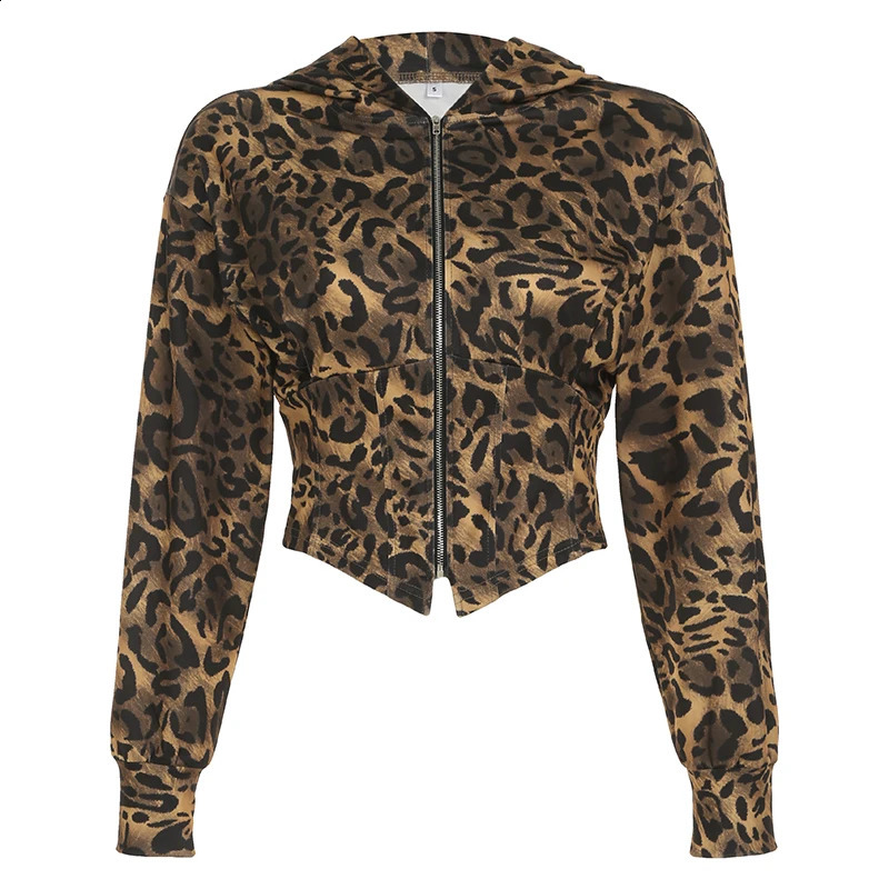 Autumn Zip Up Hooded Womens Sweats Long Sleeve Binding Waist Leopard Streetwear Hoodies Gyaru Baddie Y2k 250107