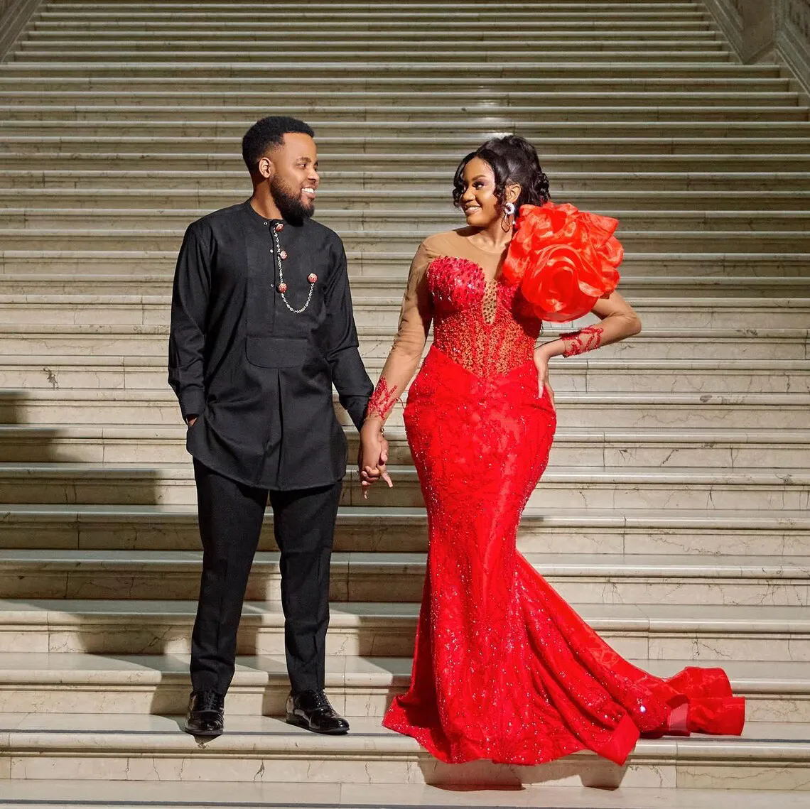 Glitter Beaded Sequins African evening Reception Dress Asoebi Red Mermaid Formal Party Dresses with Ruffled Flower Black Women Gown