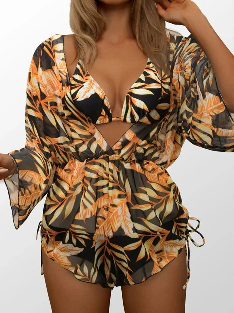 Long-sleeved Mesh Belted One-piece Swimsuit Womens Swimwear Summer Printed Drawstring Three-piece Bikini Sets Beach Wear 250113