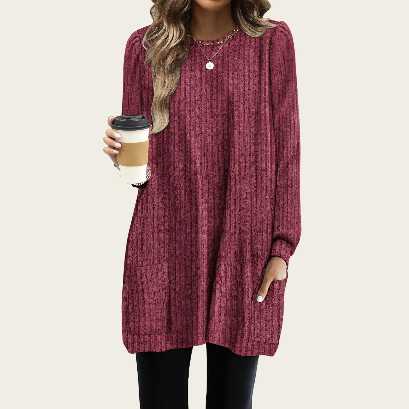 New Spring Shirt Fluffy Long Sleeved T-shirt Round Neck Casual Loose Pocket Shirt Elegant Streetwear Designer T-shirt Women's Solid Color Waistba