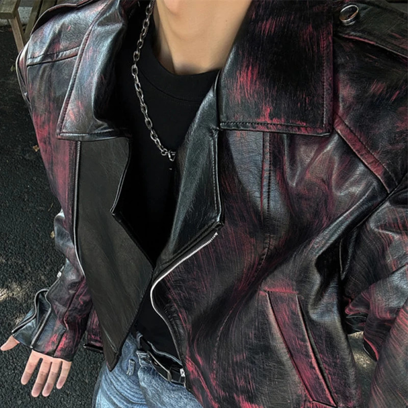 PFNW Ankra Red Brushed Color n Short PU Leather Jacket Autumn Fashion Lapel Zipper Mens Coat Loose Fit Tops 12C1299 250109
