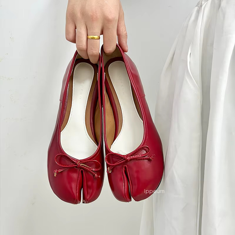 Split Toe Shoes Tabis Ballet Flats Women Black Leather Mary Janes Plus Size 44 Butterfly Knot Ballerinas Atos Mujer 250221