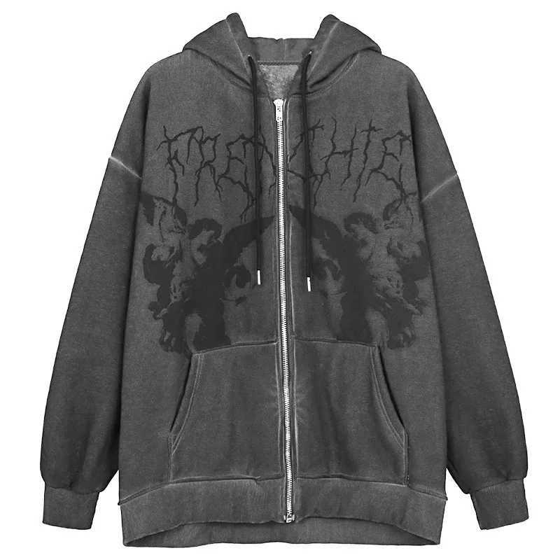 Womens Retro Angel Printed Hoodie Mens Zipper Long Sleeve Pocket Autumn Winter Street Clothing Coat Y2K Aesthetic Loose Hoodie W250117