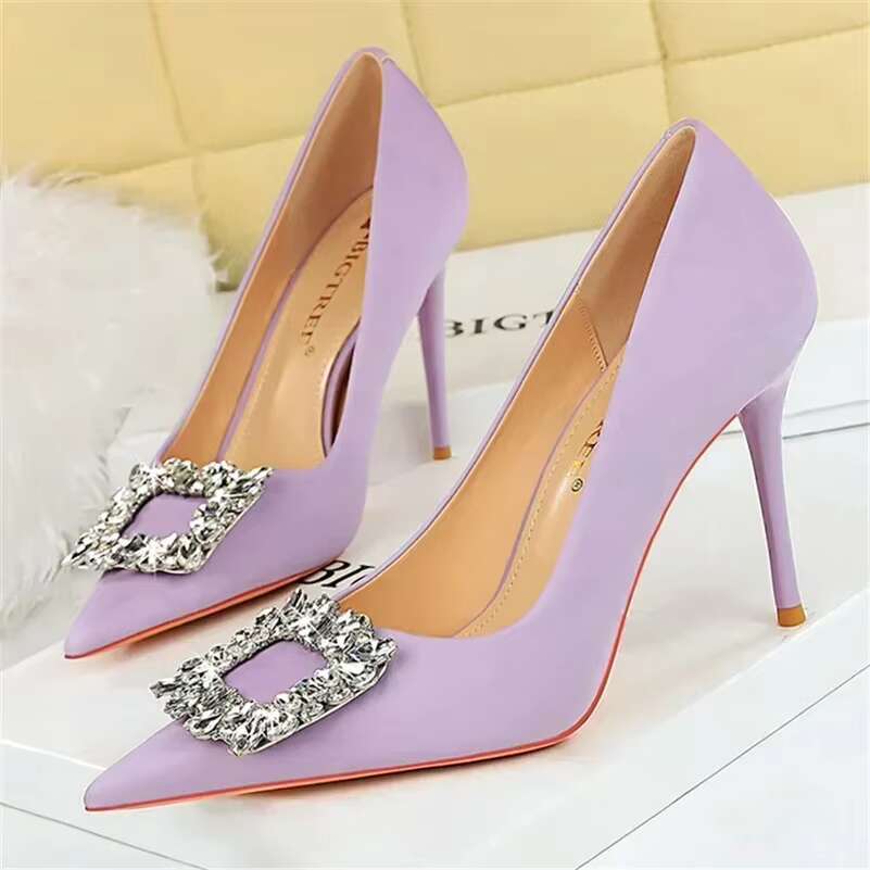 Women Basic 10cm High Heels Wedding Banquet Crystal Bule Pumps Lady Versatile Scarpins Stiletto Fashion Wine Red Purple Shoes