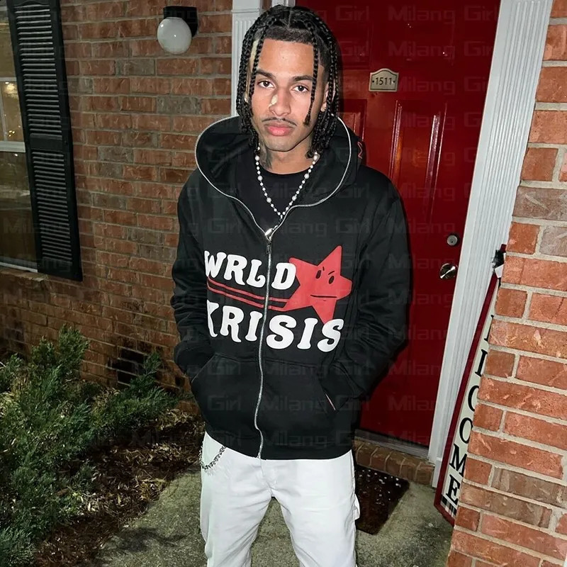 Y2k Zip up Hoodie Stars Print goth Punk Sweatshirt Mens hoodies Sport Coat Pullover Gothic Long Sleeve Oversized hoodie jacket 250117
