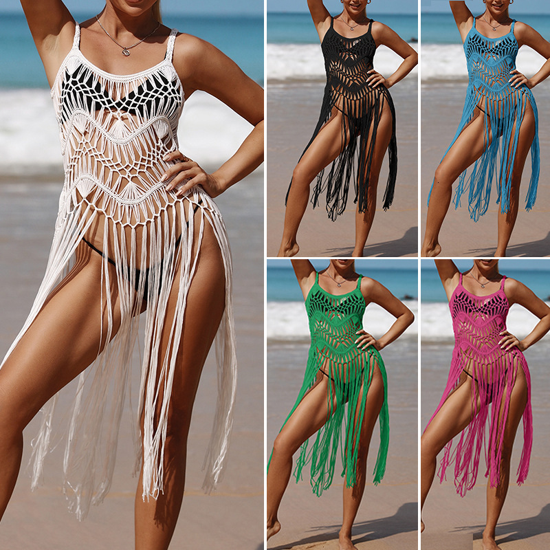 2025 New Designer Beach Skirt Beach Vacation Sexy Hand Hook Weaving Hollow Tassel Beach Medium Length Bikini Top Dress