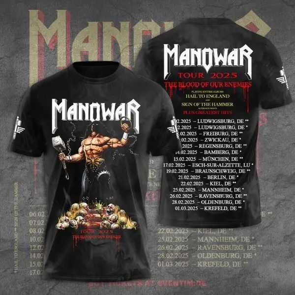 Rock Manowar Band 3D printed T-shirt mens hip-hop short sleeved T-shirt Harajuku O-neck T-shirt top oversized unisex Y2k clothing W250117