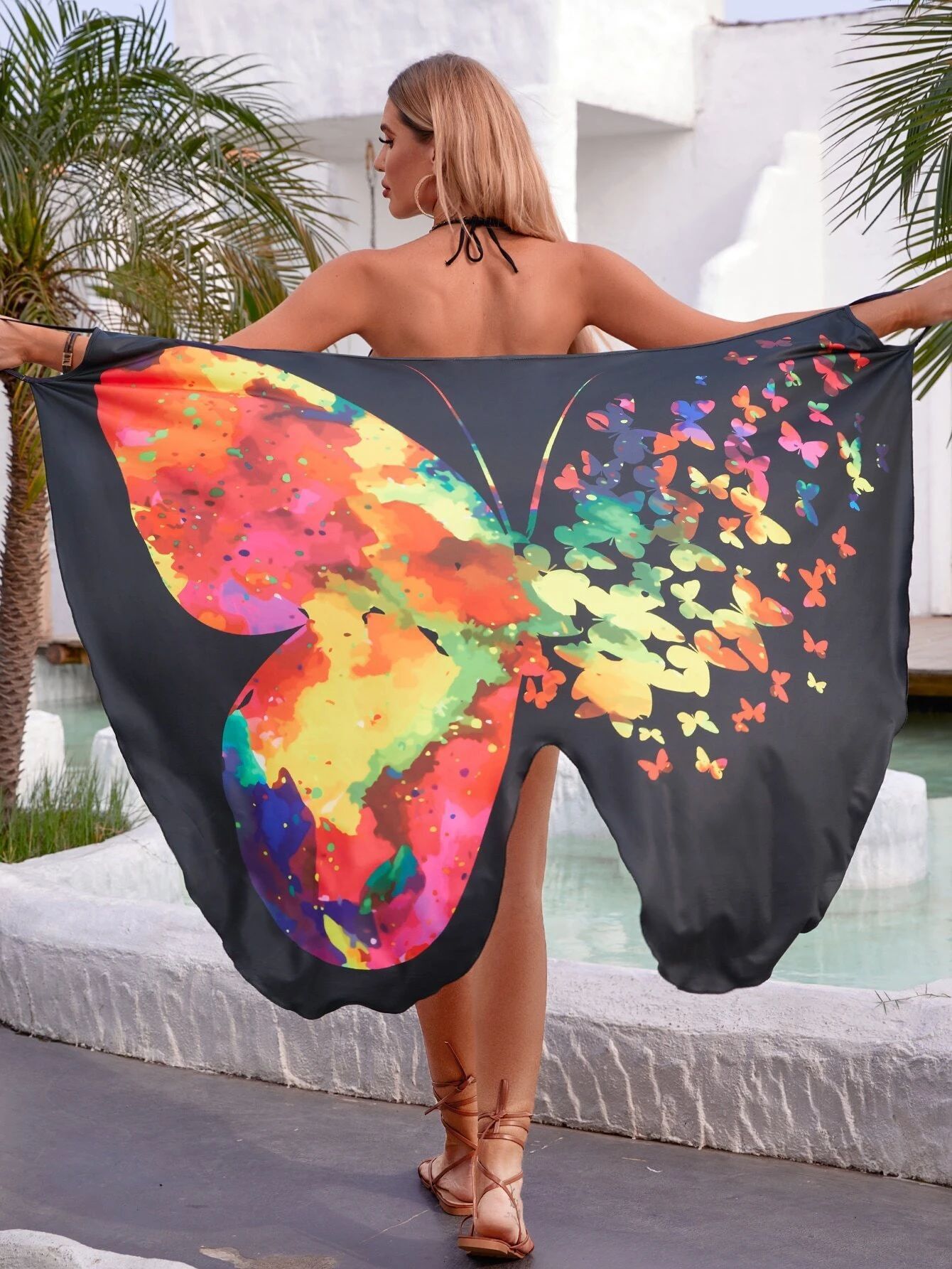 2025 New TEMU Designer One Piece Multi Color Tank Top Sexy Dress With Large Butterfly Digital Printing Multiple Wearing Styles Beach Skirt