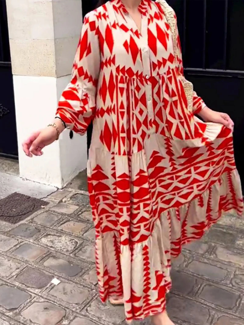 Boho Summer Maxi Dress Women Vintage Buttons Long Sleeve Elegant Holiday Beach Long Loose Dresses Female Casual Vestidos 250122