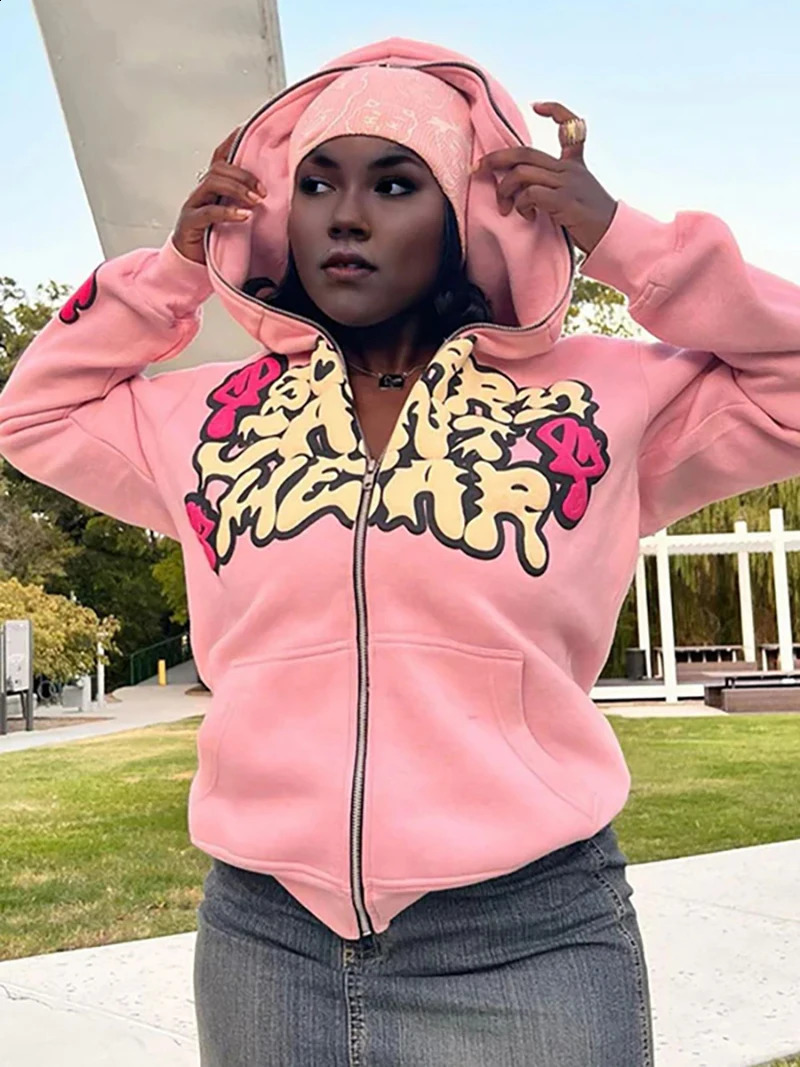 Y2K Punk Jacket Letter Print Coat Unisex Jackets pink Zip Hooded Sweatshirt Oversized Aesthetic Zipper Printing Casual Hoodies 250107