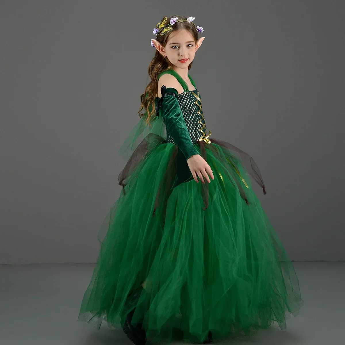 Kids Girls Elf Cosplay Dance Skirts Costume Children Roleplay Dress Up Performance Stage Dress Elf Earrings Halloween Clothes W250117