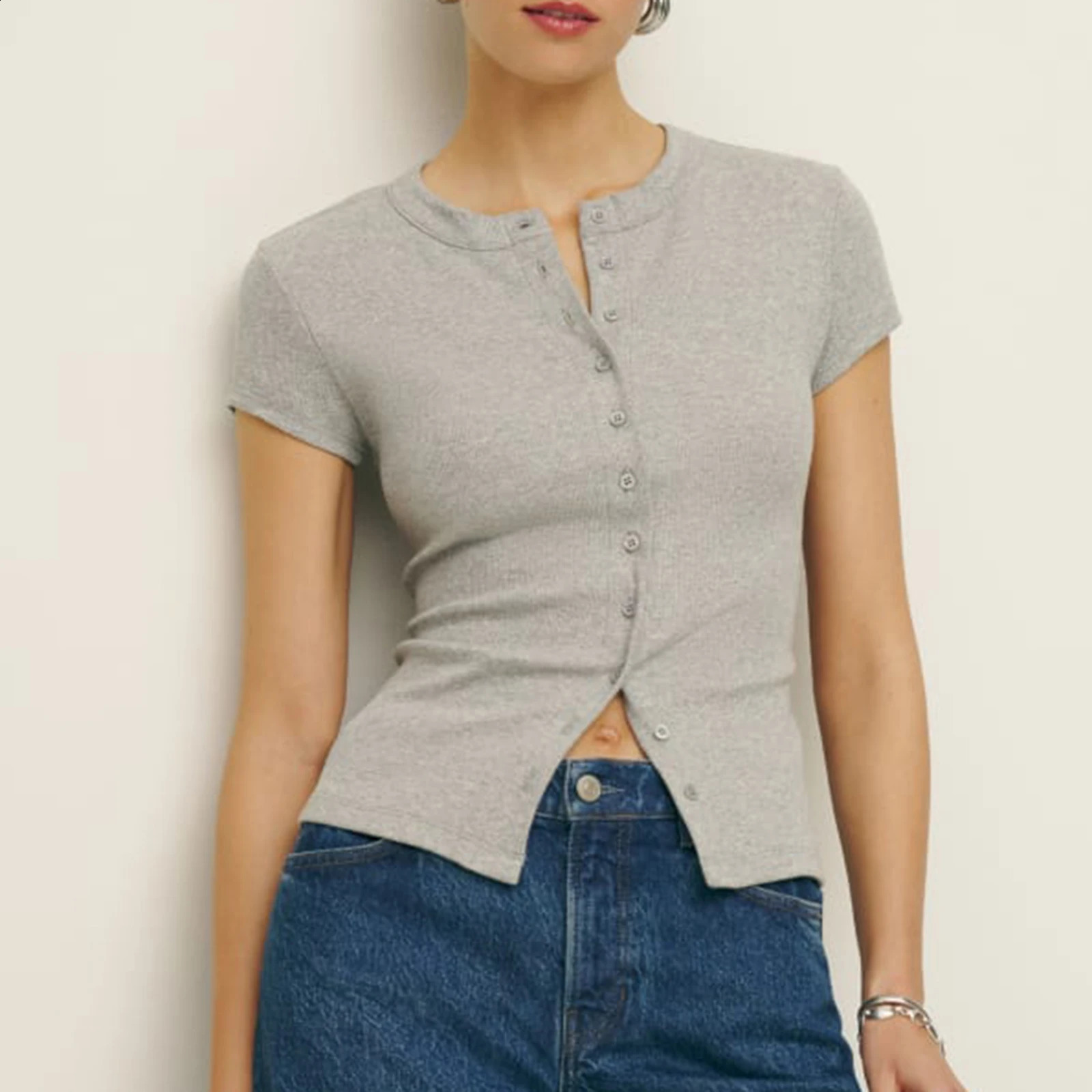 Combhasaki Womens Summer Y2K Basic Slim Fit Crop Tops Short Sleeve Button-down Round Neck Solid Color Chic T-shirt Streetwear 250122