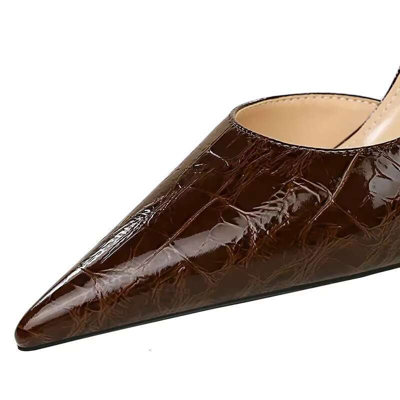 Women Vintage 8cm High Heels Patent Leather New Party Pumps Fashion Classic Pointed Toe Side Hollow Brown Evening Banquet Shoes