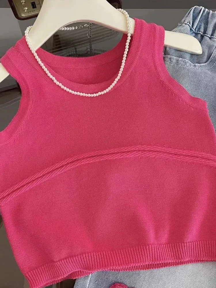 Girls Summer Set Knitted Suspender Vest Jeans Twopiece For Childrens Girl Clothes Clothing Kids 250117