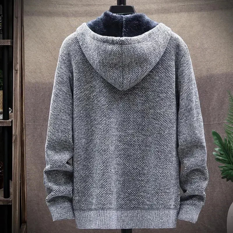 Men Hooded Cardigan Sweater Jacket Coat 2024 Winter Fleece Thick Warm Solid Casual Knitted Cardigan Outerwear Men Clothing 250116