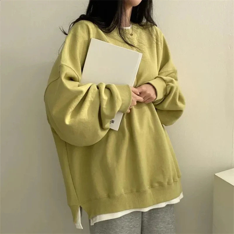 Korean Patchwork Long Sleeve Loose Hoodie Women Crewneck Simple Oversize Sweatshirt Woman Drop Shoulder Casual Sportswear Female 250110