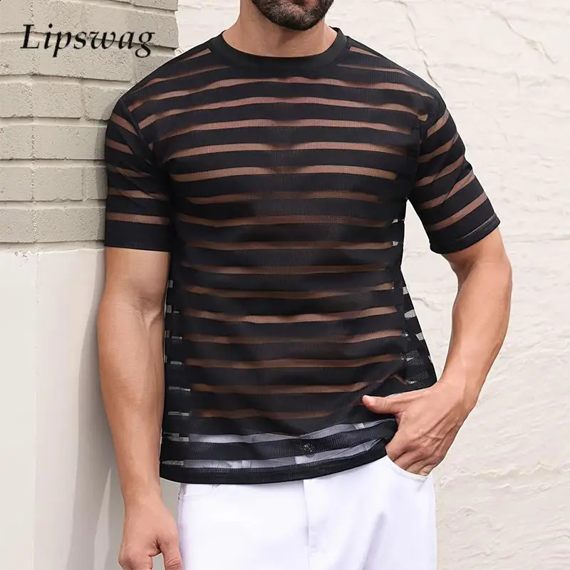 Sexy Striped Hollow Out Mesh T Shirts Mens Fashion Patchwork Short Sleeve Mesh Tops For Men Spring Summer Casual Breathable Tees 250117