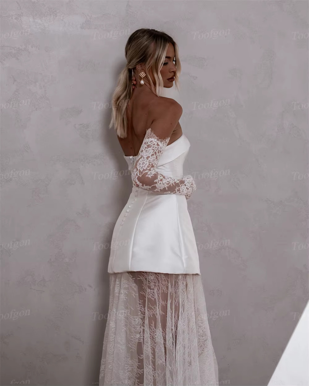 Toofgon A E Satin Lace Dresses Detachable Long Sleeves Customized Women Bridal Wedding Gowns Photography Robe Mariee