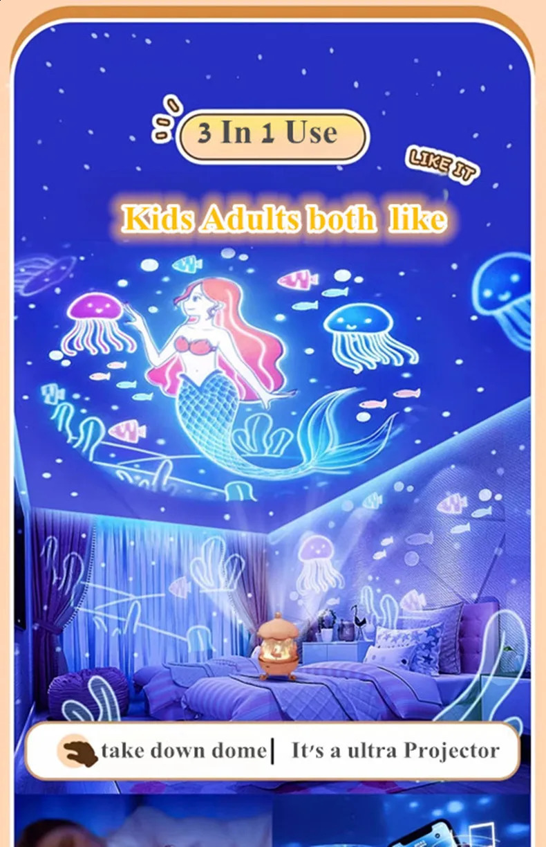 12 Films Cute Rabbit Rolling Huts Projection Night Light USB Rechargeable Starry Sky Projector Lamp with Bluetooth Music Player 250120z