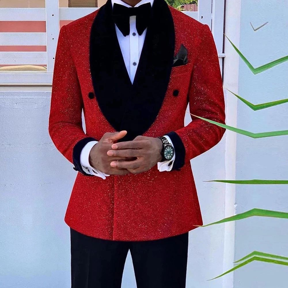 Glitter Red Sequins Mens Suits Groom Wedding Tuxedo Double Breasted Blazer Formal Business Prom Dress 2 Pieces Traje De Hombre 250120