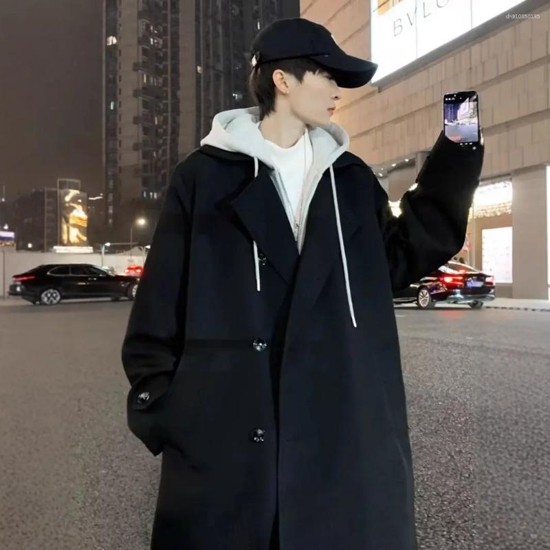 Men's Trench Coats 2025 Autumn/Winter Style Black Overcoat Loose-Fit Long Windbreaker For Men Trendy Youth Jacket Fashionable Outerwear