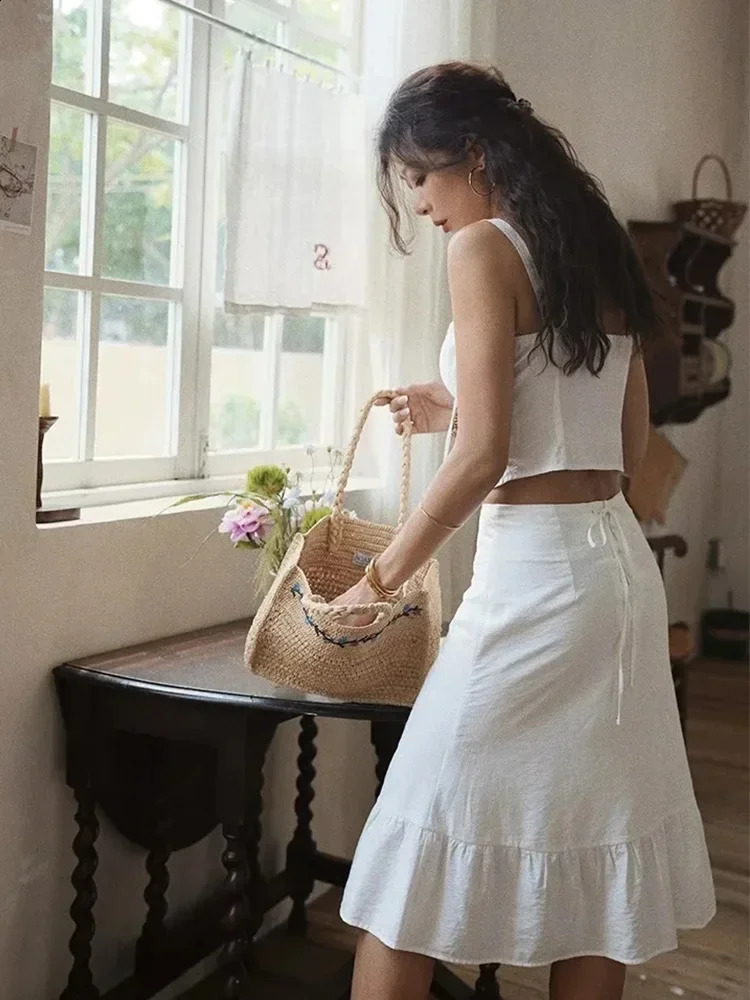 Foridol Lace Up White 2 Pcs Outfit Women Summer Dress Set 2024 Beach Cotton Skirt Matching Set Midi Vestido Chic Sundress 250113