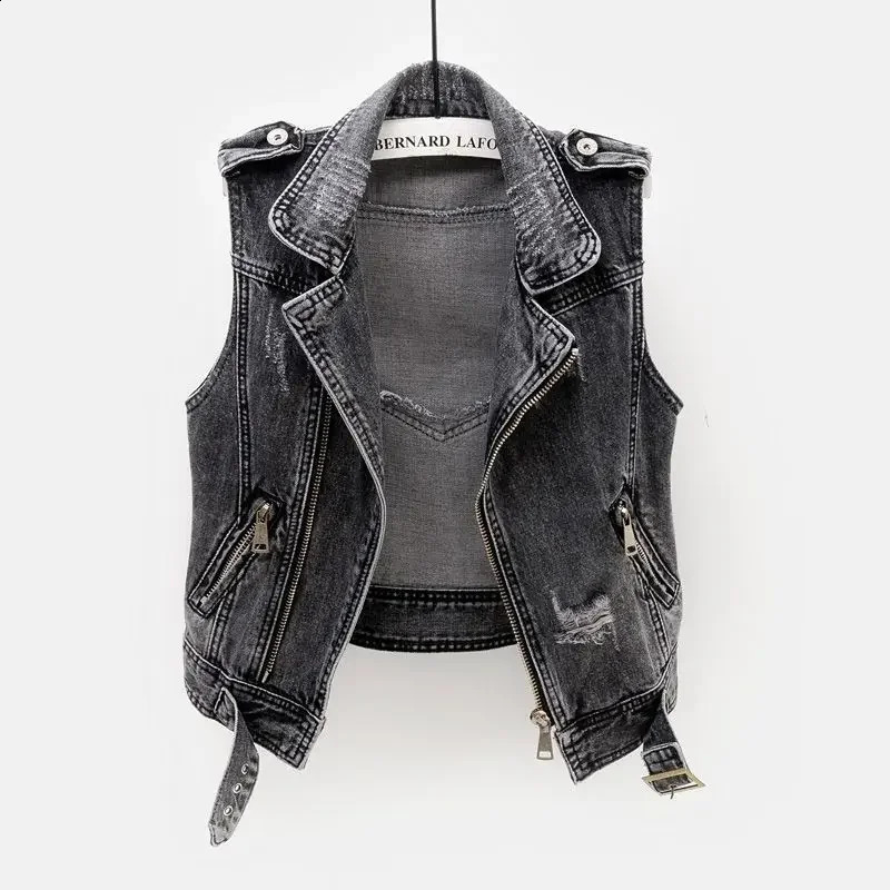Spring Autumn Gray Jean Cowboy Waistcoat Hole Denim Women Vest Female Sleeveless Wild Tops Short Jacket Girls Ripped 5XL Vest 250122