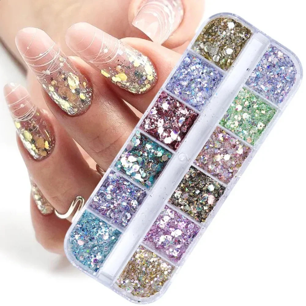 12Grids Holographic Nail Glitter Flakes Sequins Rose Gold Silver Manicure Paillette Spangles Slices Art Decor 250115