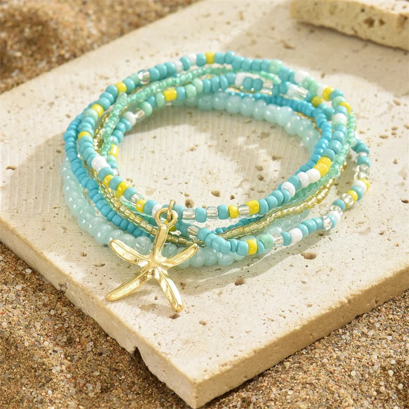 Bohemia Multilayer Rice Bead Anklet Set for Women Fashion Starfish Pendant Anklets Summer Sandy Beach Ankle Chain On Leg Jewelry 250114