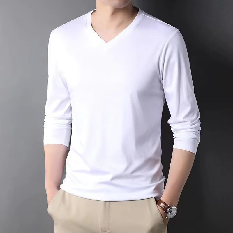Fashionable And Versatile Men's Modal Cotton Basic T-shirt Spring And Autumn Long Sleeved V-neck Men's Clothing Thin Bottom Solid Color Casu