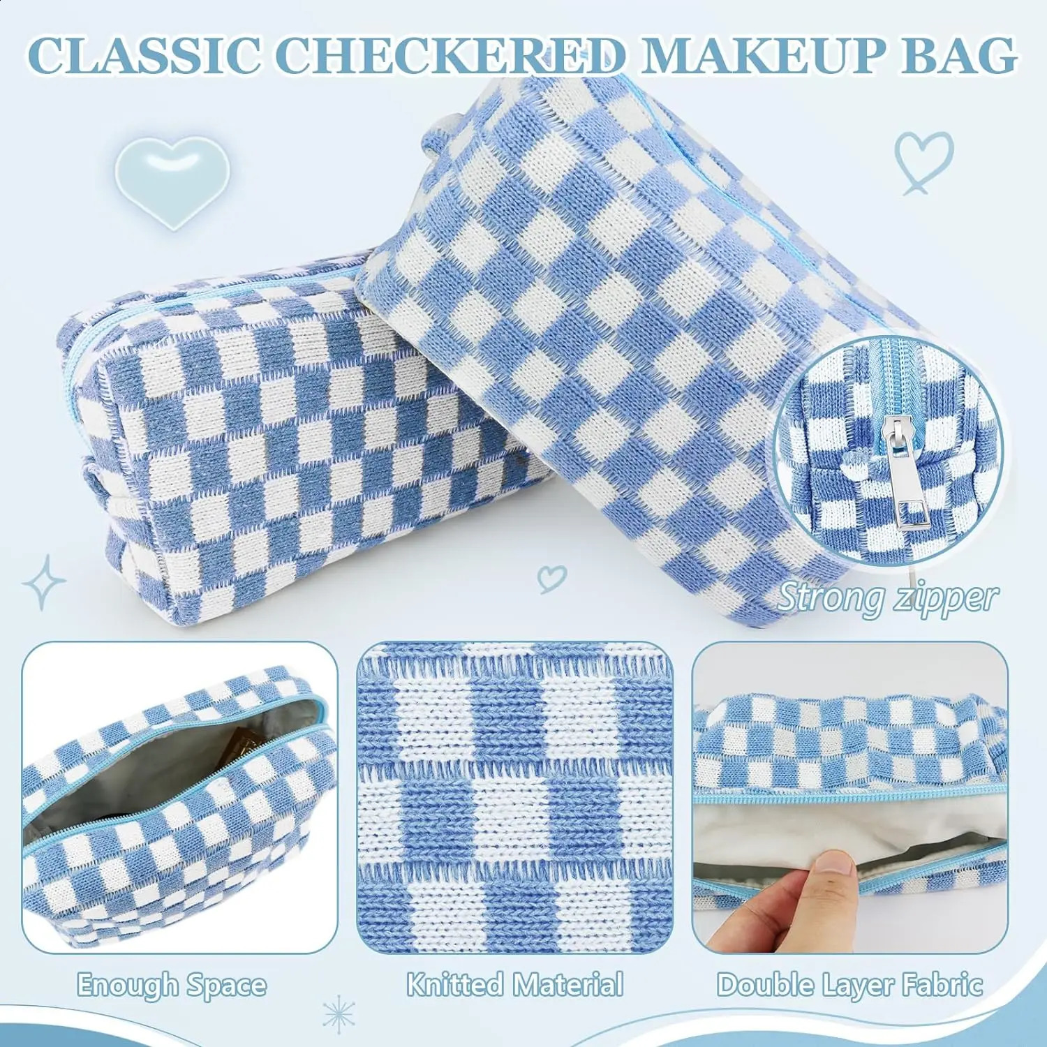 58 Pcs Checkered Makeup Bag Set Preppy Aesthetic Cosmetic Bag Travel Makeup Pouch Toiletry Bag 7 Heishi Surfer Bracelets with 50 250120