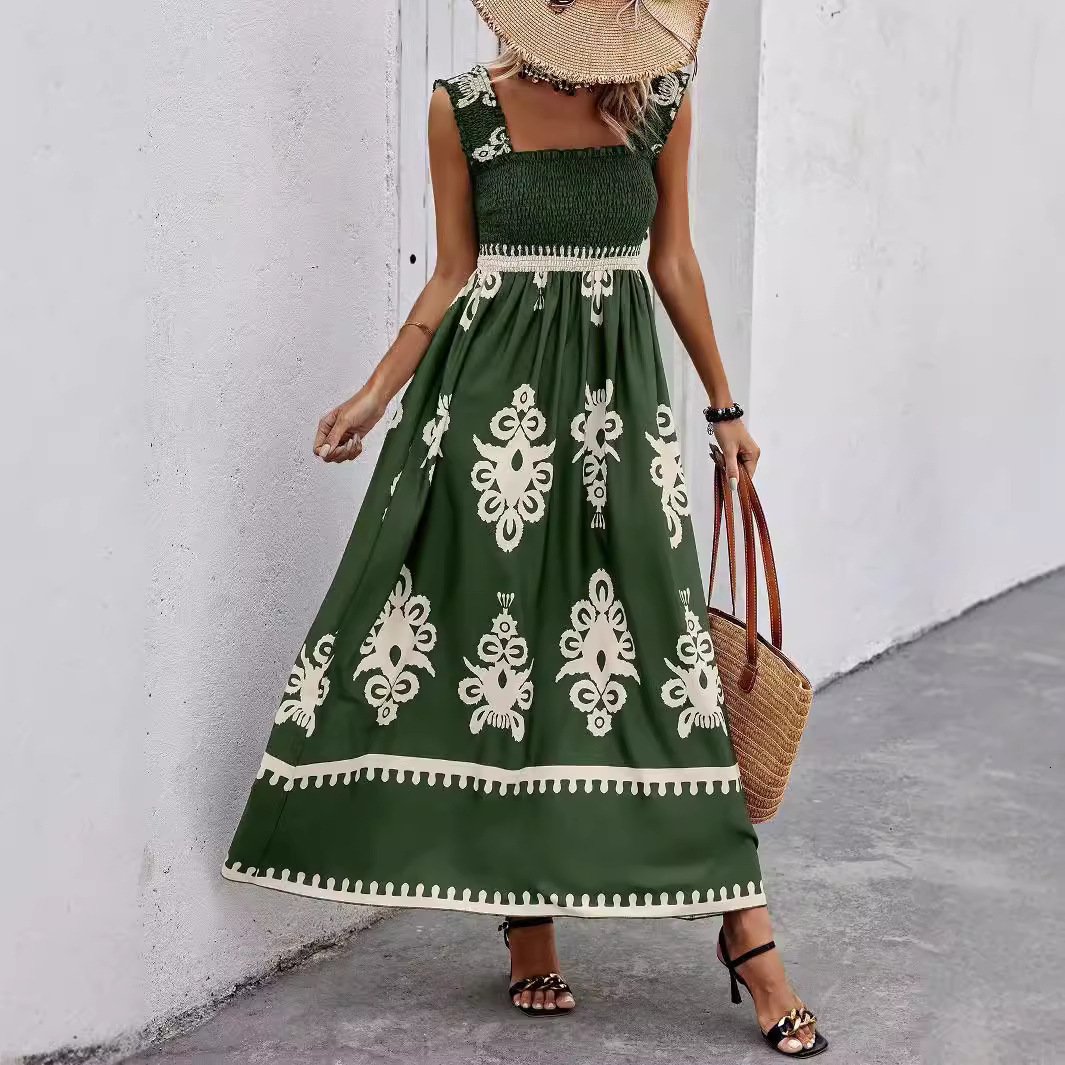 2025 New Women's Beach Skirt Designer Holiday Style Printed Chest Dress