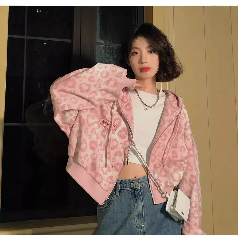 Leopard Print Cardigan Sweater Pink Crop Top Hoodie Ladies Leopard Jacket Loose-Fit Vintage Hooded Sweatshirt Cardigan for Spring/Autumn