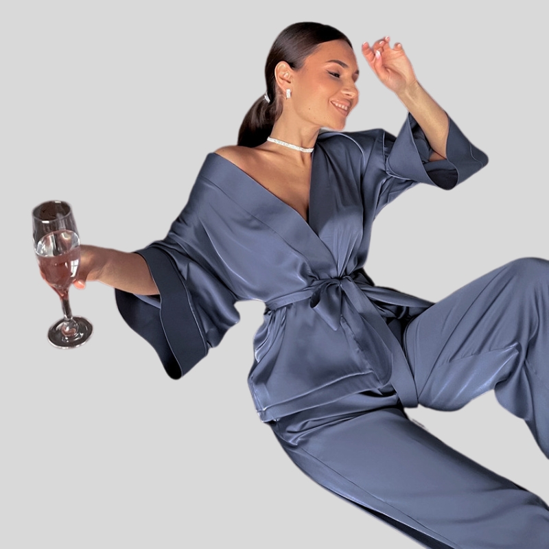 Spring European and American satin cardigan lace-up nightgown pajama pants solid color home set loose women's pajamas