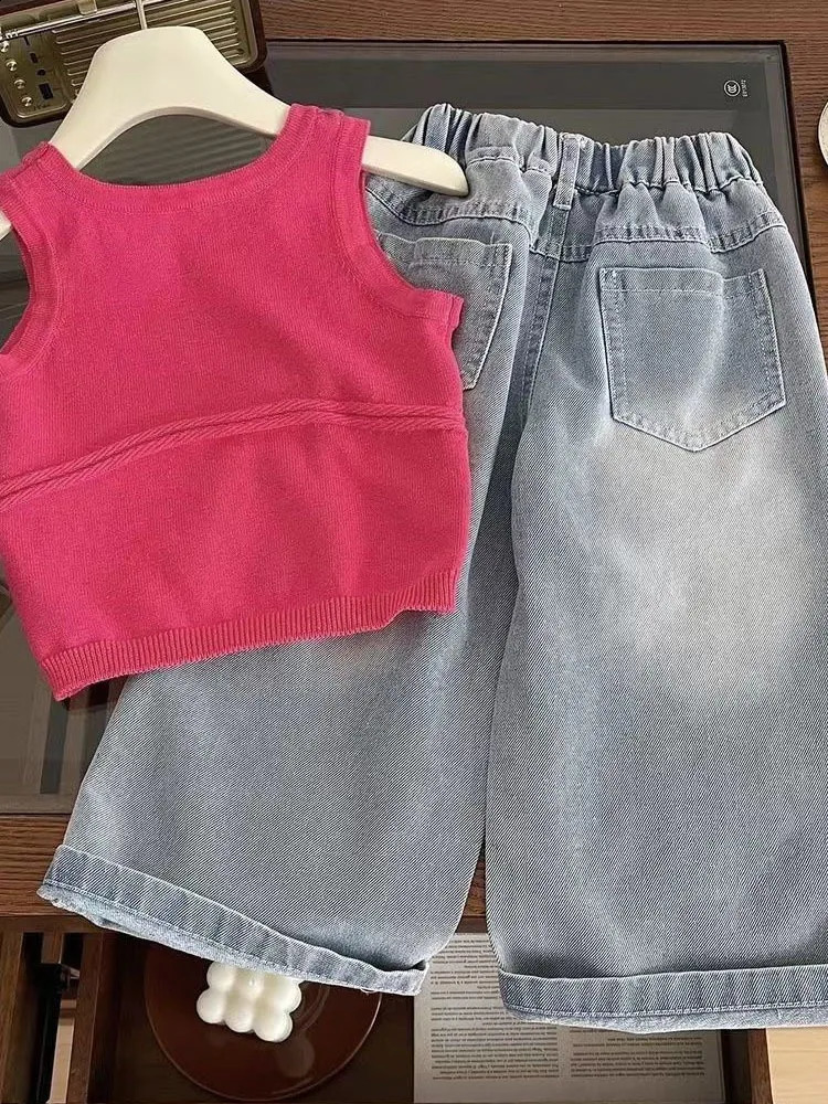 Girls Summer Set Knitted Suspender Vest Jeans Twopiece For Childrens Girl Clothes Clothing Kids 250117