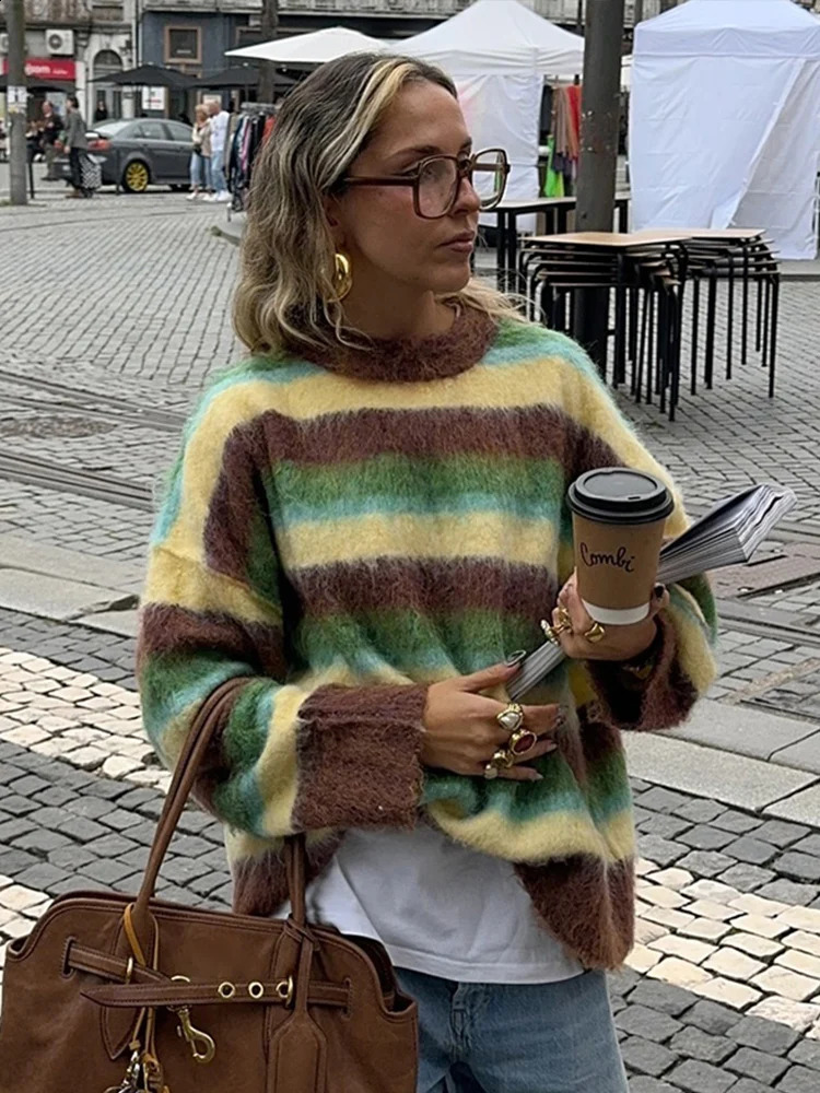 Mohair Striped Elegant Sweater Women Oversize Long Sleeve Contrast Color O-neck Pullover Female Jumper 2024 Autumn Colorful Tops 250121