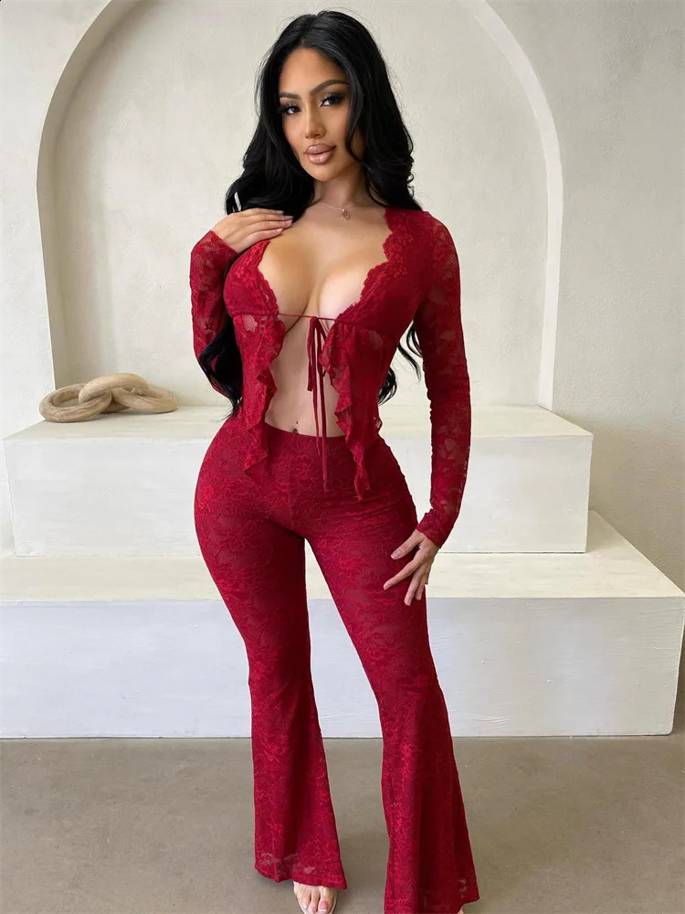Nwe Spring Fall Lace Womens Sets Long Sleeve Sexy Bandage Top and Flared Pants 2025 Loose Red Clubwear Two 2 Piece Set Outfits 250120