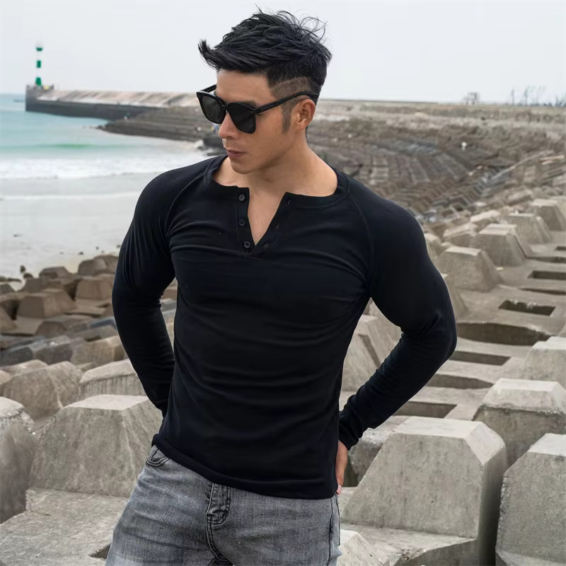 New Outdoor Fashion Designer T-shirt Top Simple And Casual Slim Fit Button Down Elastic Long Sleeved T-shirt For Men