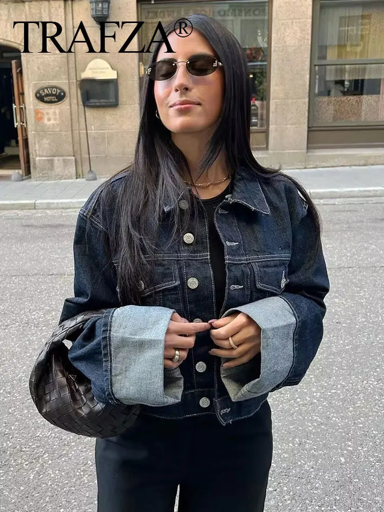 TRAFZA Women Vintage Denim Jacket Single Breasted Lapel Long Sleeve Coat With Pockets Dark Blue Denim Jacket Fashion High Street 250122