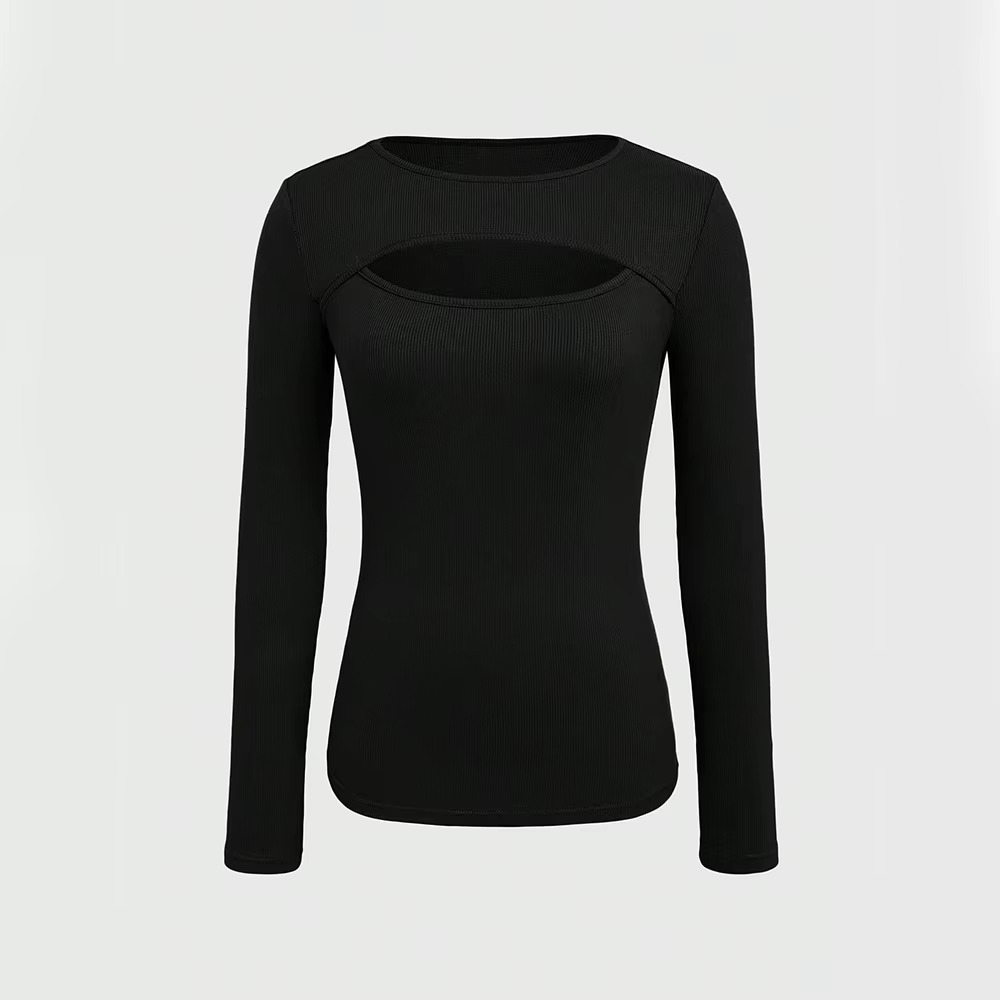Women's Autumn Korean Hollow Long Sleeved Fashion Designer T-shirt Round Neck Slim Fit Casual T-shirt