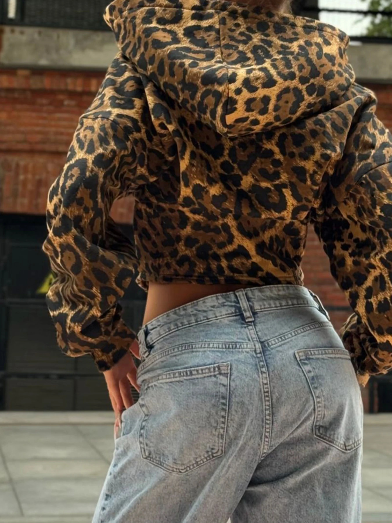 Autumn Zip Up Hooded Womens Sweats Long Sleeve Binding Waist Leopard Streetwear Hoodies Gyaru Baddie Y2k 250107