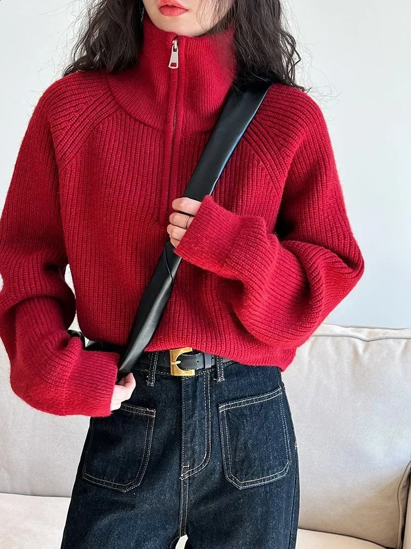 Autumn Winter Zipper Sweaters Women Solid Color High Neck Knitted Pullover Solid Red Loose Turndown Collar Womens Turtleneck 250117