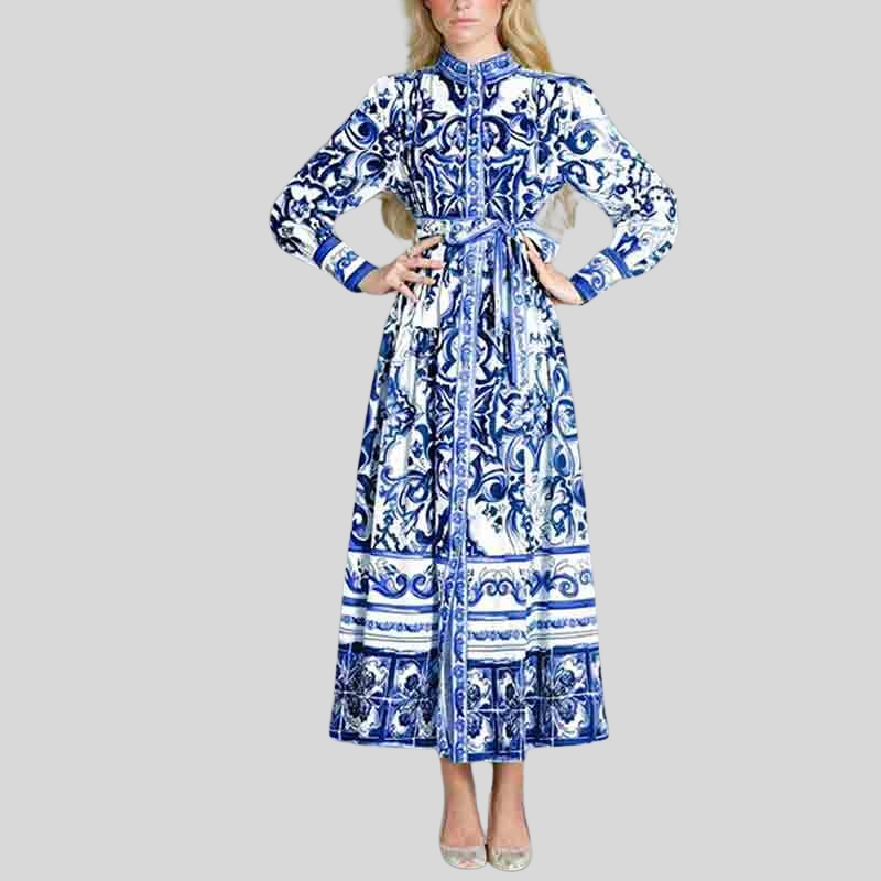 New best-selling European and American women's clothing lantern sleeves printed lapel collar waist long sleeves big pendulum dress women