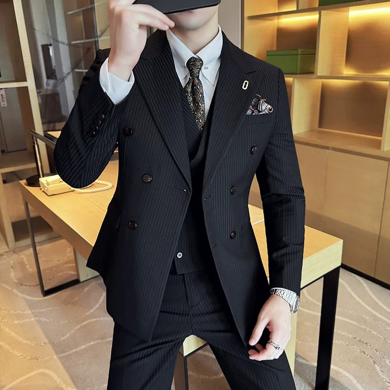 JacketsPantsVest Stripe Men Suit High Quality Double Breasted Elegant Fashion Tuxedo Formal Groom Wedding Social Suit 250121