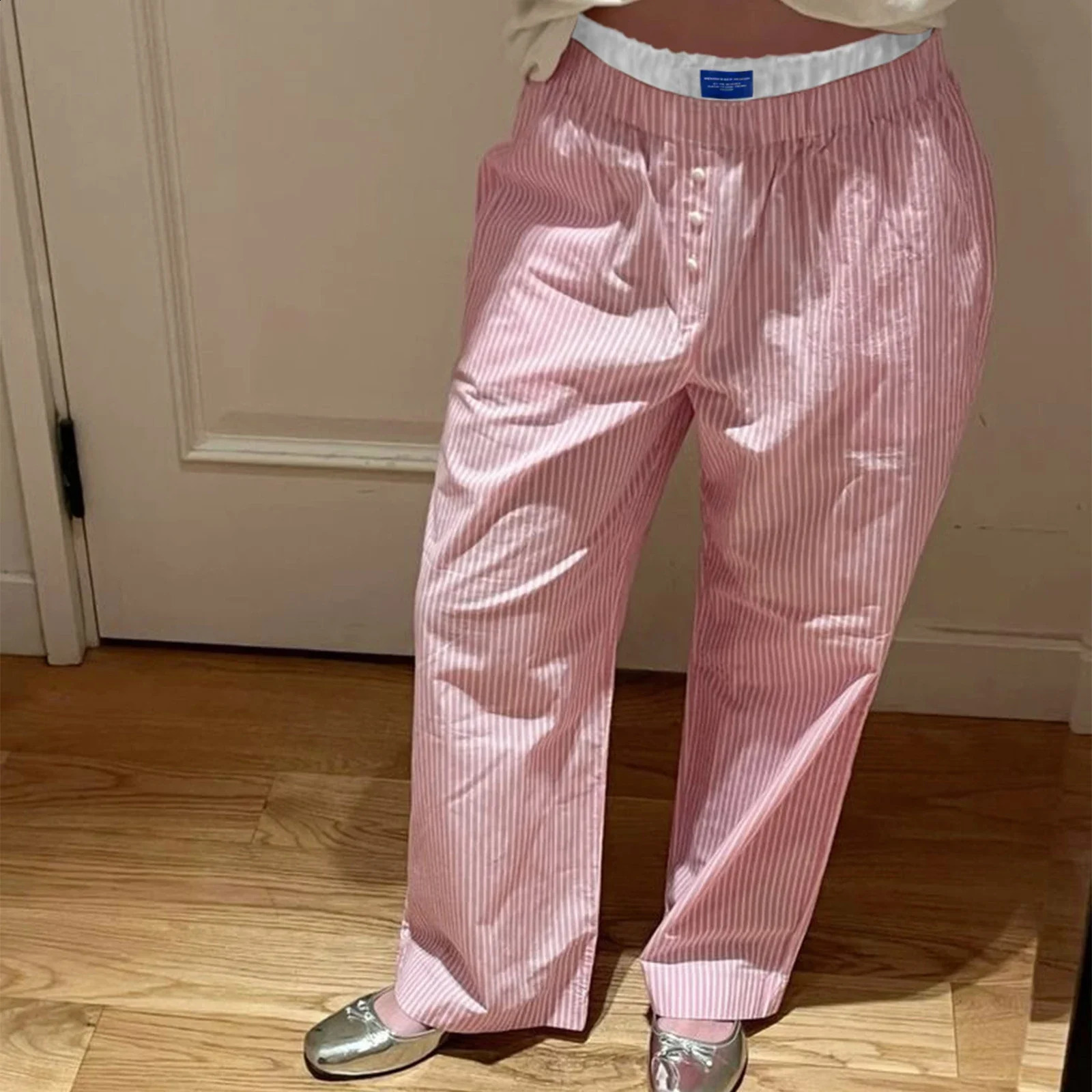 Combhasaki Womens Y2K Aesthetic Striped Long Trousers Letter Sign High Elastic Button Double Waist Wide Leg Pants with Pockets 250113