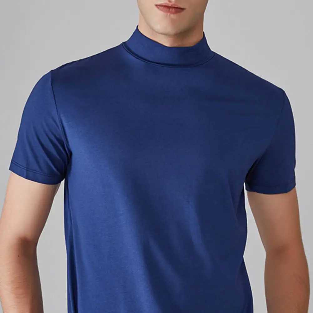 Summer Casual Short Sleeve T-shirt For Men Half High Collar Slim Fit T-shirt Solid Color Elastic Thin Pullover Tee Shirt W250117