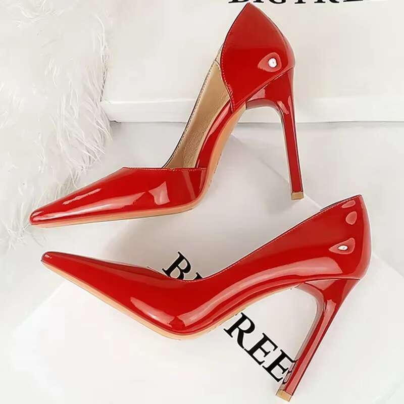 Women 11cm Super High Heels Square Toe Side Hollow Office Pumps Lady Red Nude Glossy Patent Leather Concise Holiday Dress Shoes