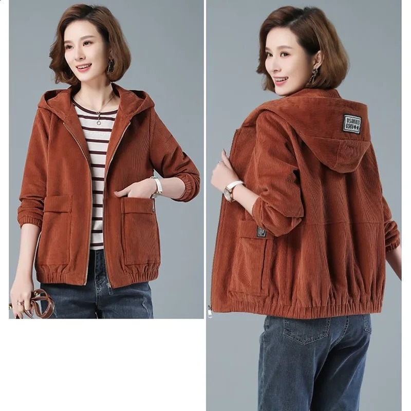 Corduroy Short Coat Womens Spring Autumn Korean Loose Solid Hooded Jacket Fashion Casual Female Zipper Tops 250120wtt