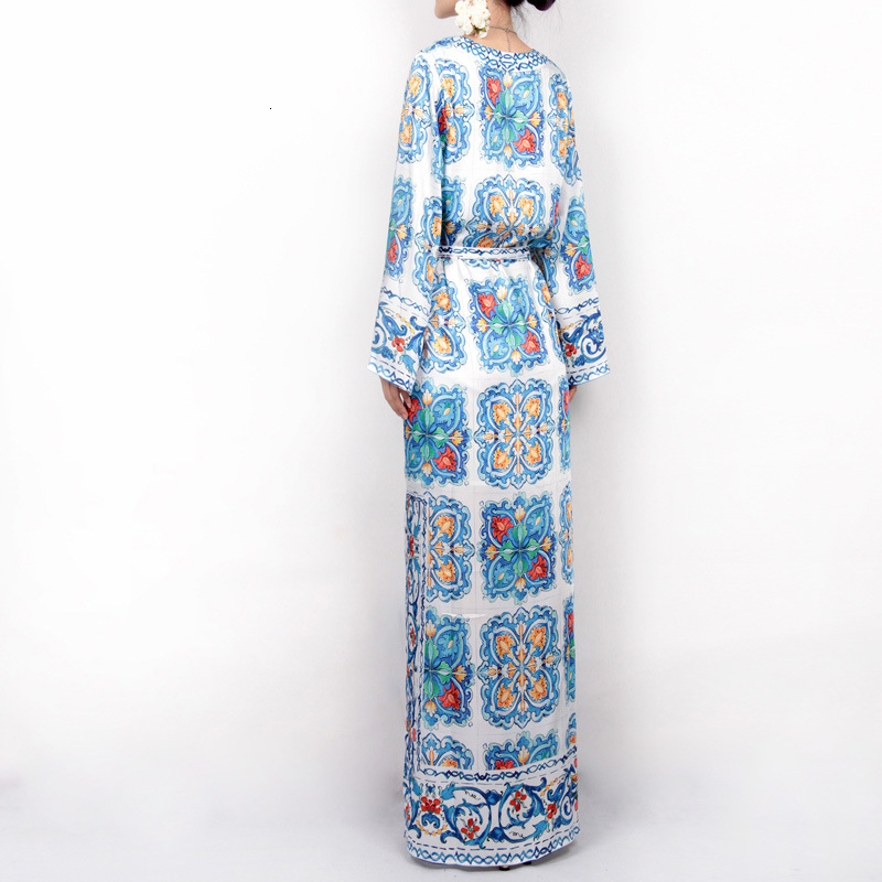 2025 New Designer Bohemian Beach Dress Women's Blue And White Porcelain Evening Dress Women's Wear