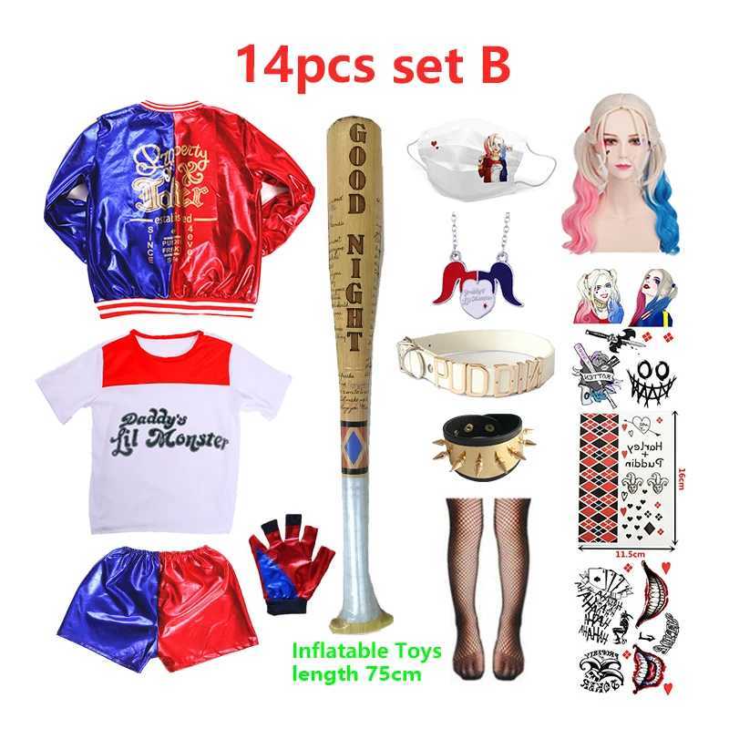 Harleen Quinzel Kids Girls Cosplay Costumes Fantasia Arlequina Halloween Party Dress Jacket Baseball Bat Clothes Set W250117
